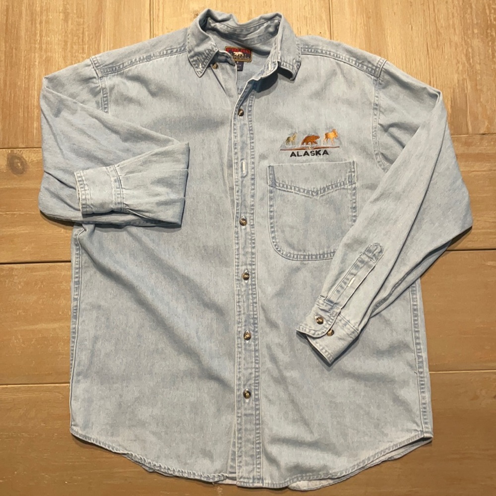 Vintage Light Blue Denim Button-Down Shirt with Alaska Patch
